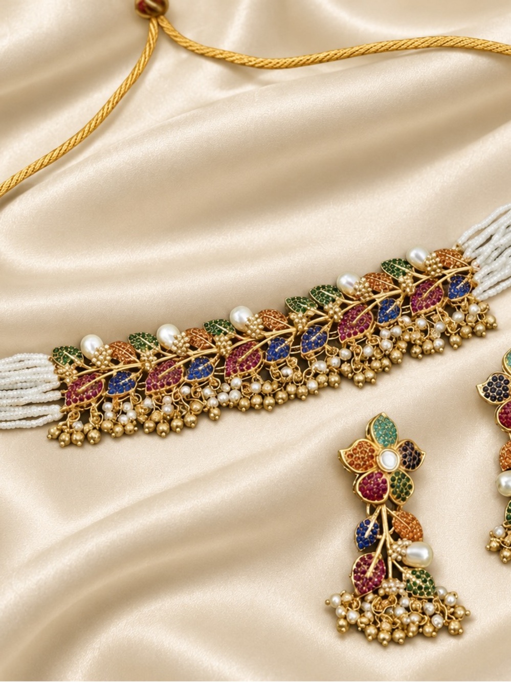 Multicolor Leaf Motif Gold-Tone Choker Necklace and Earrings Set - Women Jewelry